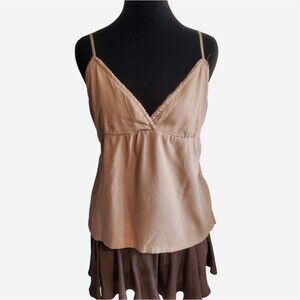 2bella Tan Brown Linen Babydoll Cami Top Tie Back L Y2K Coquette Minimal 90s